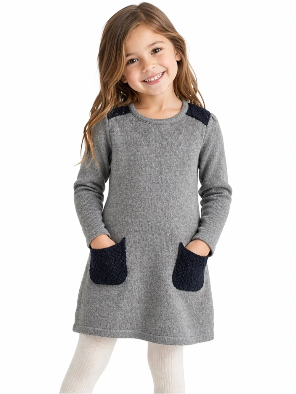 Girls‎ Gray Sweater Dress Size 4/5 Cat Pocket Knit Long Sleeve Cute Cozy
